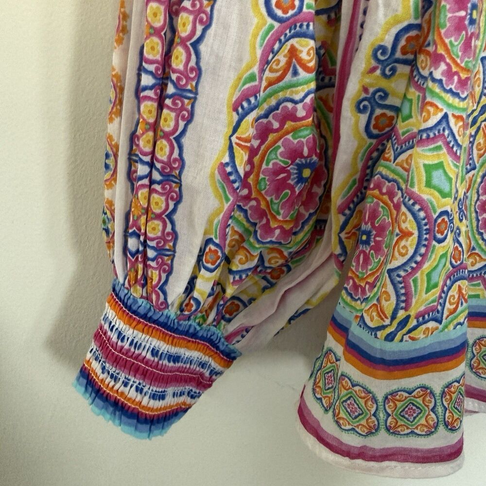 Hale Bob Trinia Medallion Print Cotton Button Front Blouse Bishop Sleeves Size S - Picture 9 of 13